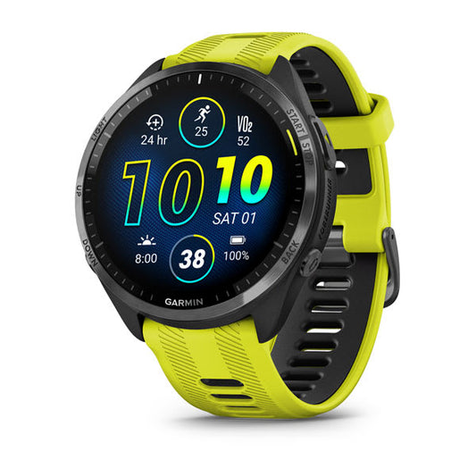 Forerunner® 965, Carbon Gray DLC Titanium Bezel with Black Case and Amp Yellow/Black Silicone Band